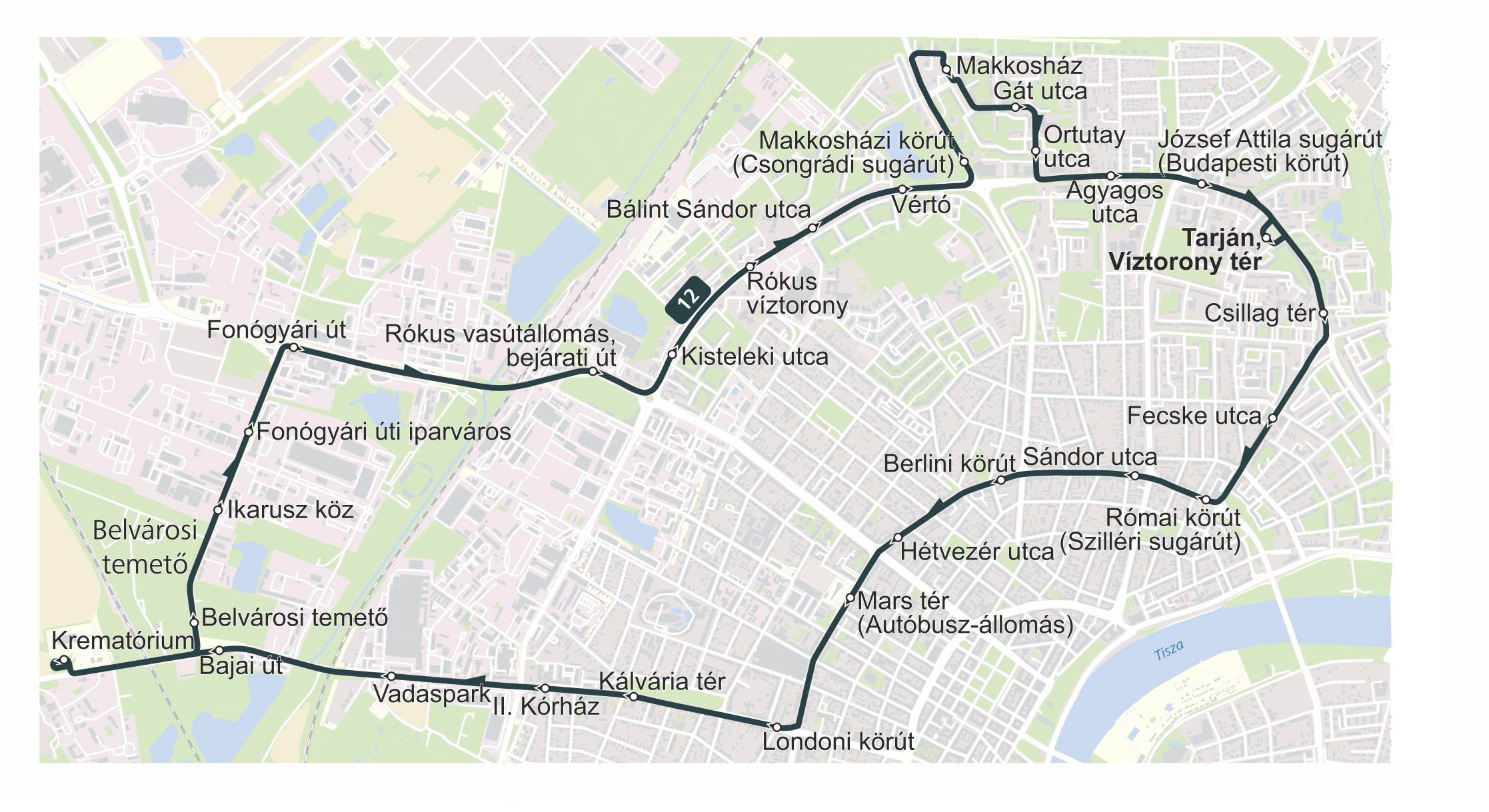 Szegeden a temetői járatok útvonala a Mars tér irányában 