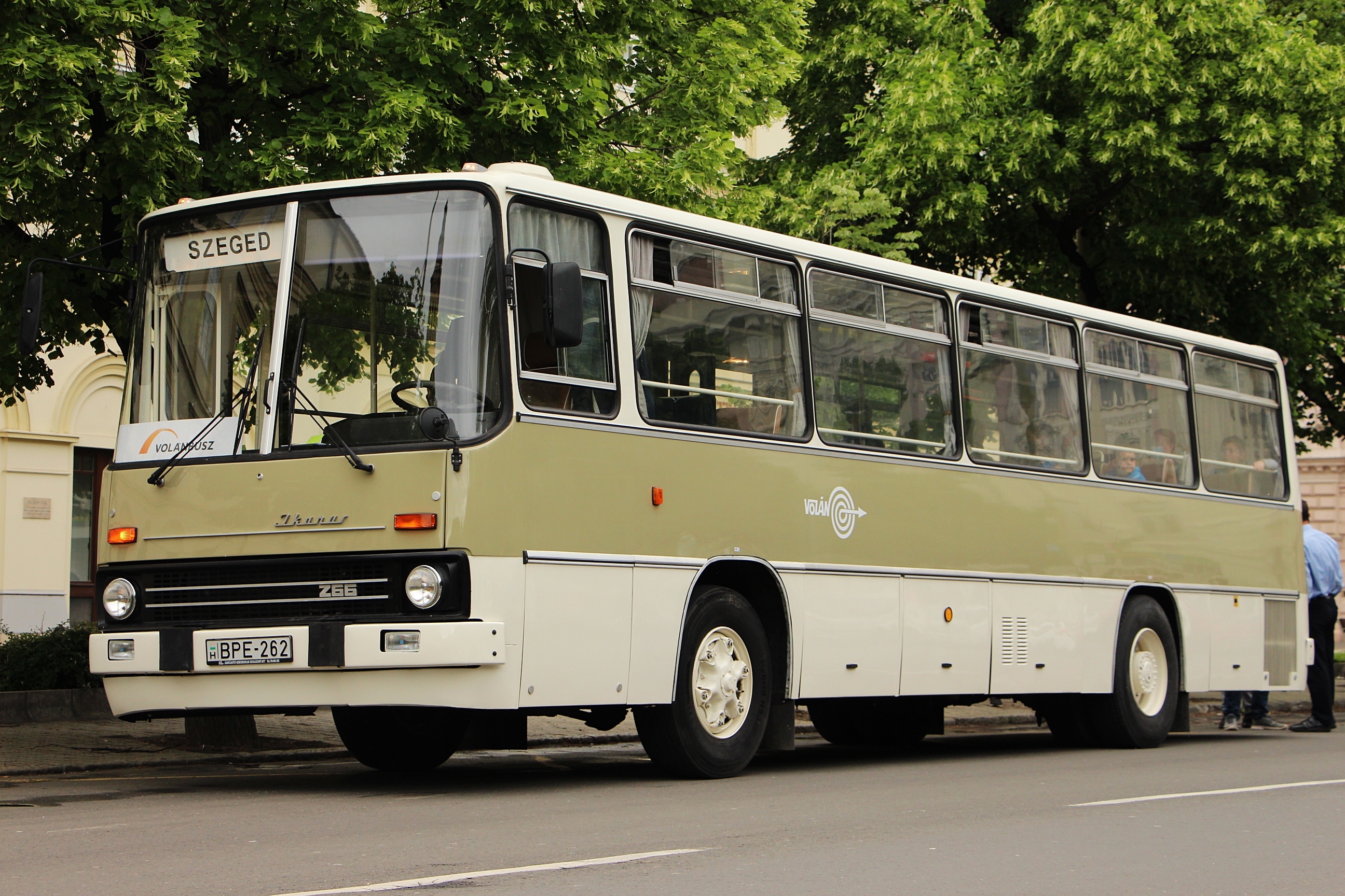A képen egy retro, Ikarus 266 típusú autóbusz látható.
