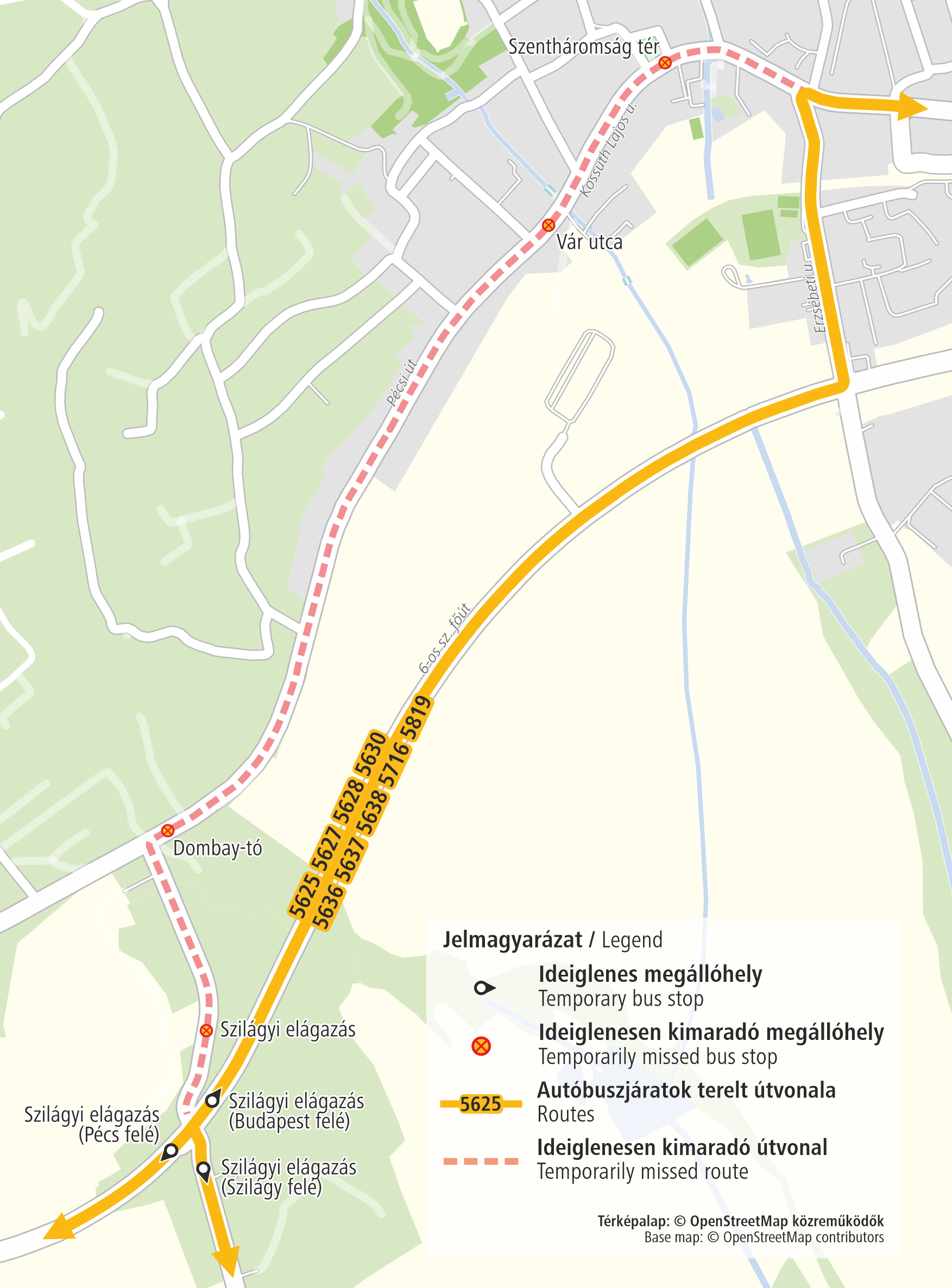 A térképen a terelt útvonal látszik a kimaradó és az ideiglenesen áthelyezz megállókkal.