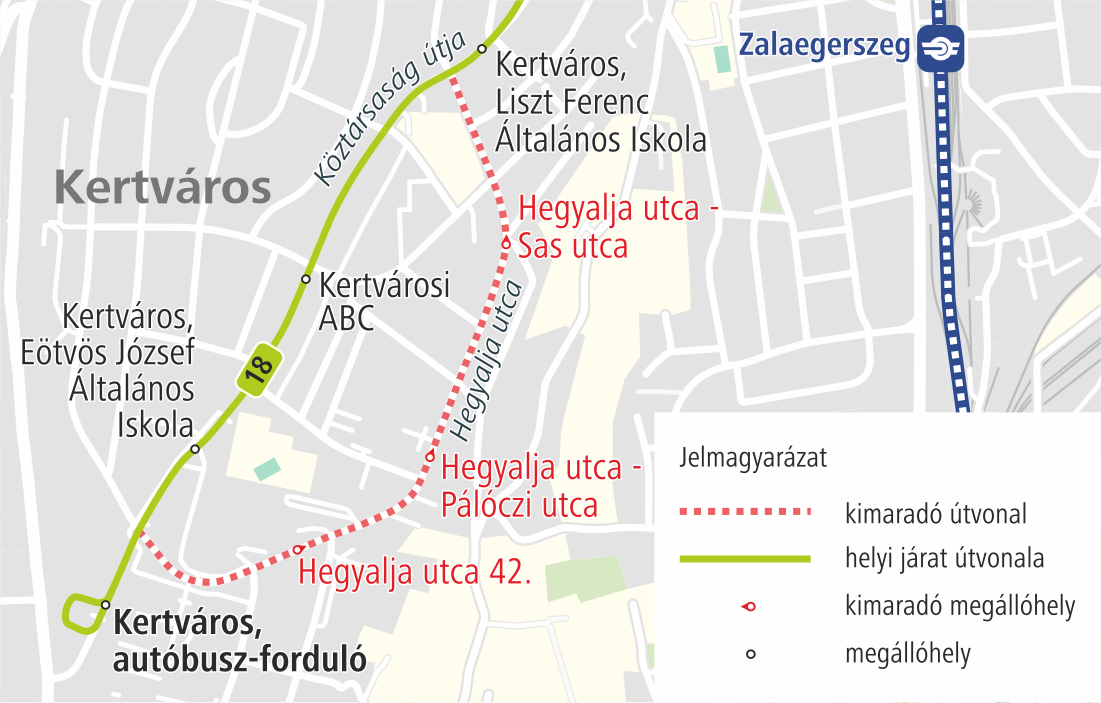 A képen az ideiglenes útvonal és a kimaradó, valamint a terelés ideje alatt igénybe vehető megállók szerepelnek.