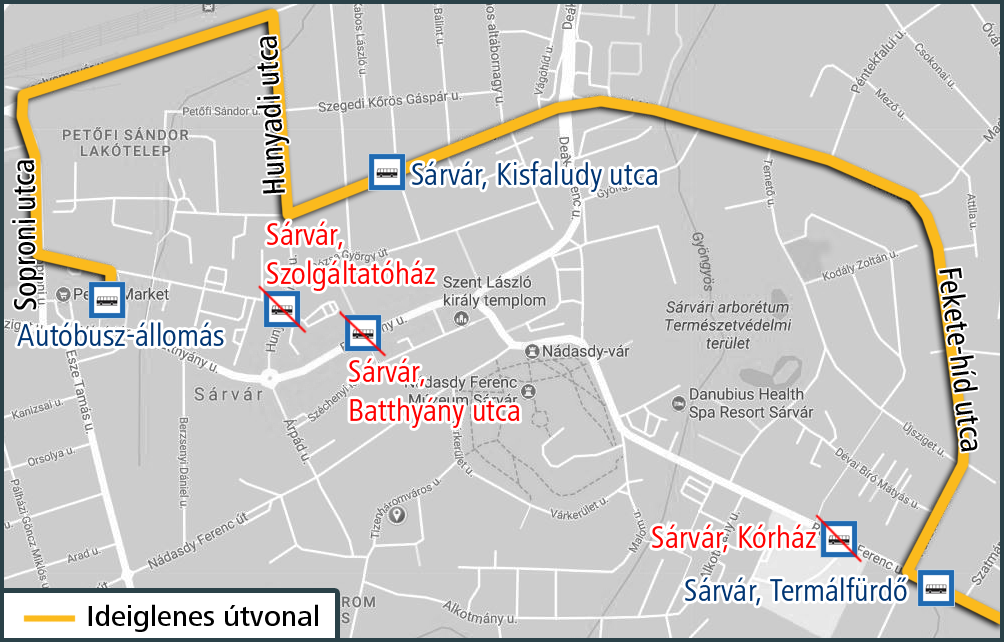 A képen az ideiglenes útvonal és a kimaradó, valamint a terelés ideje alatt igénybe vehető megállók szerepelnek.