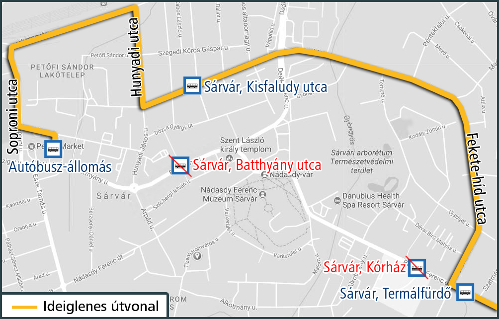 A képen az ideiglenes útvonal és a kimaradó, valamint a terelés ideje alatt igénybe vehető megállók szerepelnek.