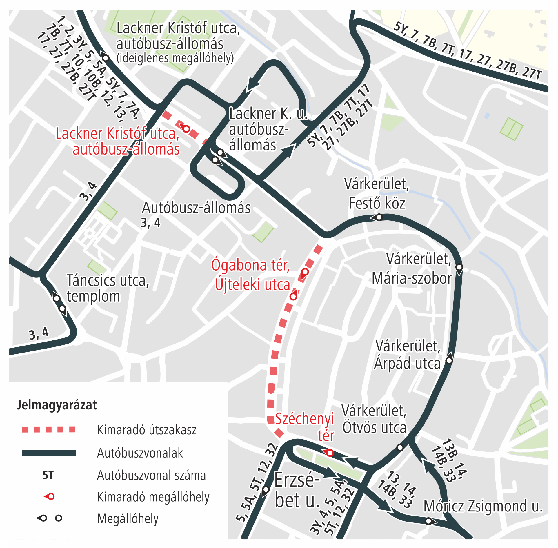2024. július 25-én (csütörtökön) 7:00-tól július 26-áig (péntekig) munkálatok miatt lezárják az Ógabona teret és a Lackner Kristóf utca egy részét, ezért az érintett járatok terelt útvonalon közlekednek.