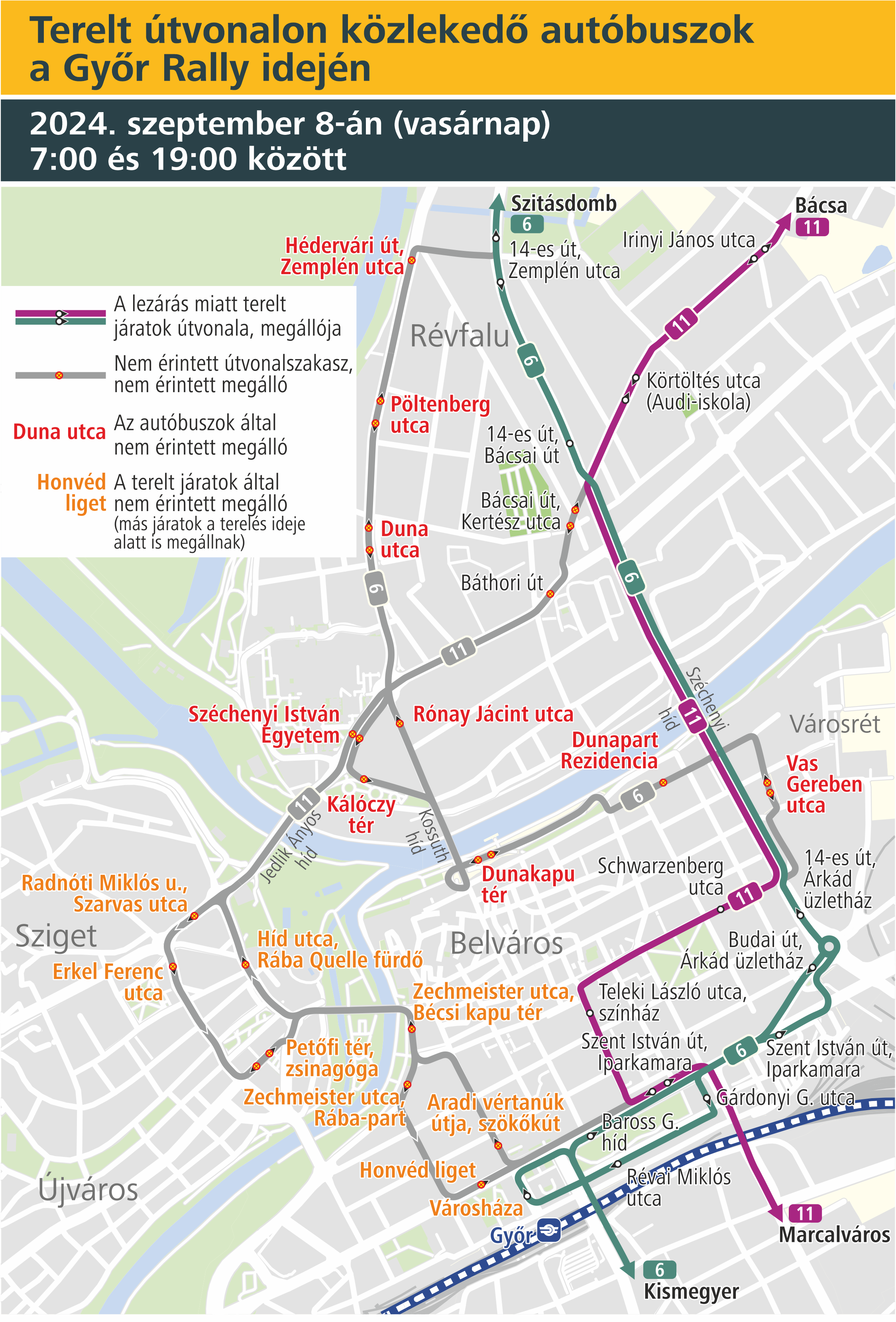 Térkép a szeptember 8-án, a Győr Rally idején terelt útvonalon közlekedő autóbuszok útvonaláról.